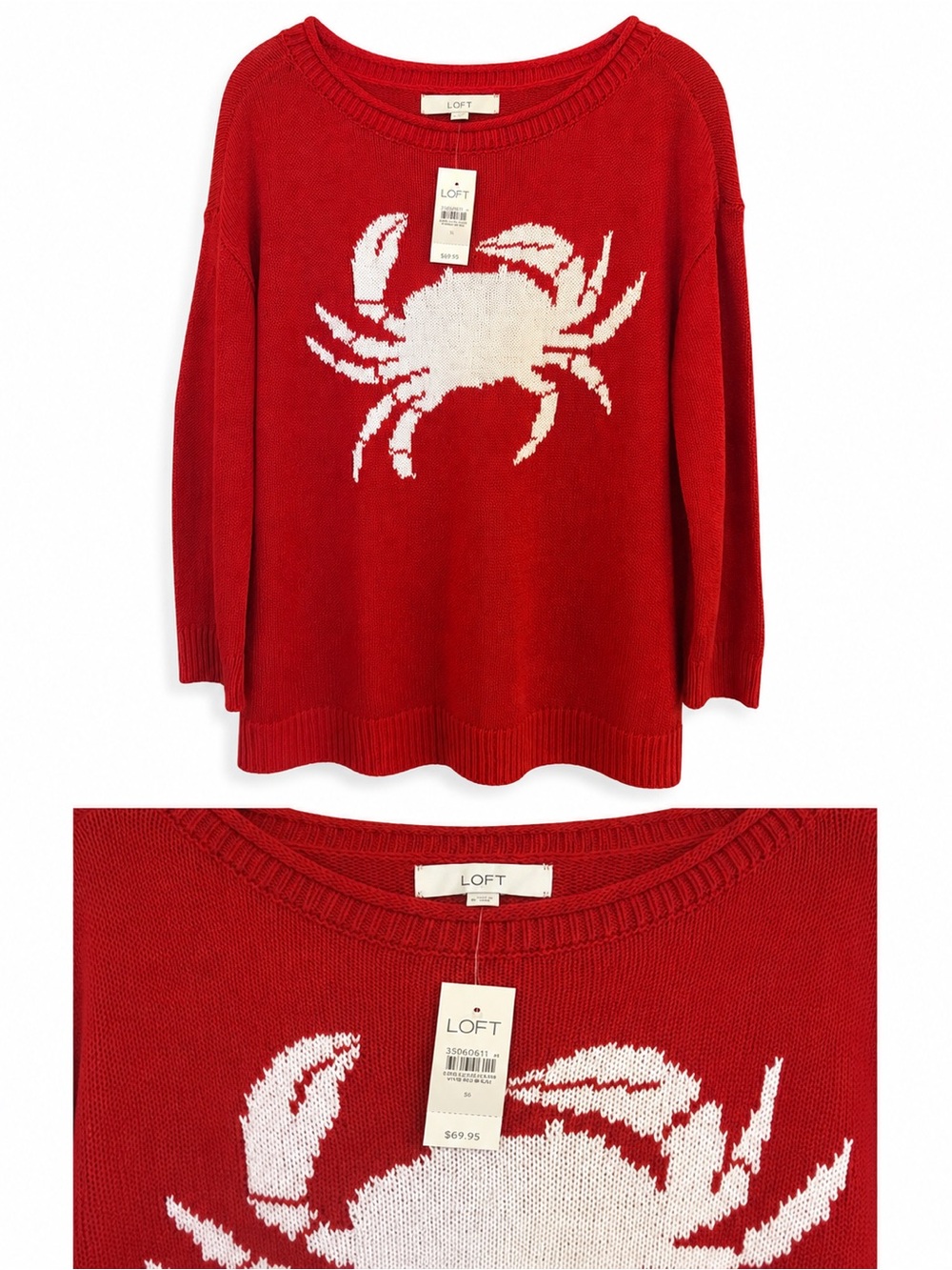 LOFT Red Crewneck Sweater with White Crab Motif